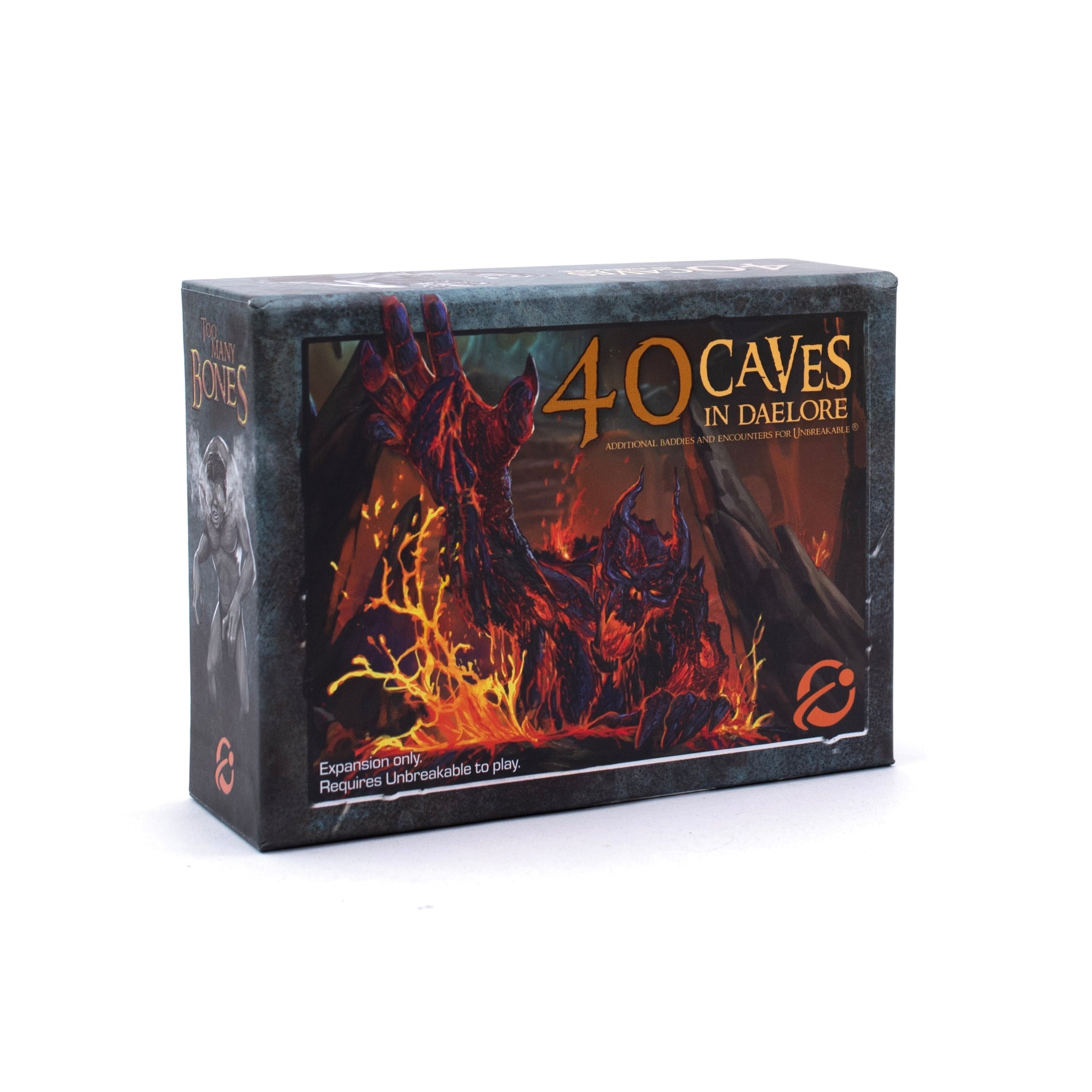 Board game box cover for '40 Caves in Daelore: Additional Baddies and Encounters for Unbreakable' featuring artwork of地下caves with lava and mystical elements.